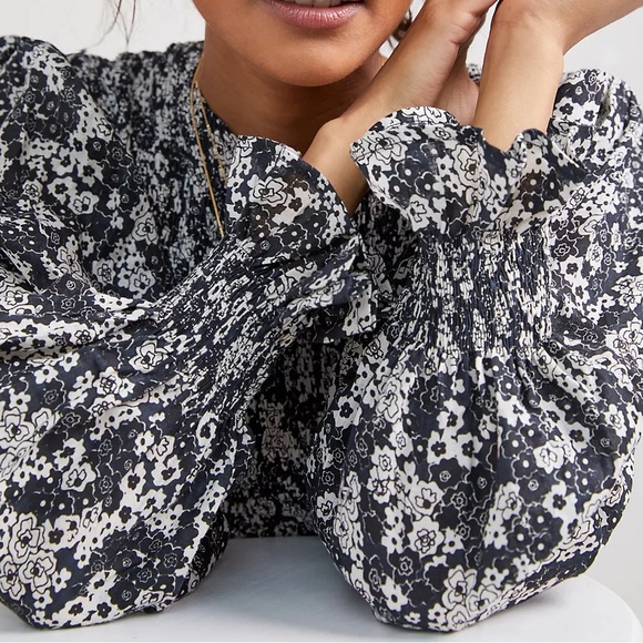 Faithfull The Brand x Anthropologie Biela Smocked Linen 8/M Black Floral Ruffled - Picture 3 of 7